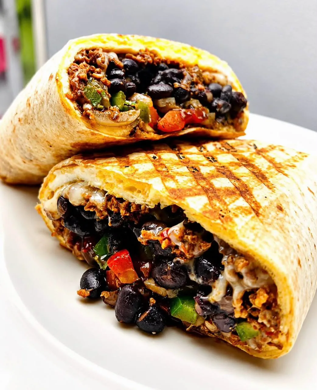 A grilled burrito packed with black beans and peppers